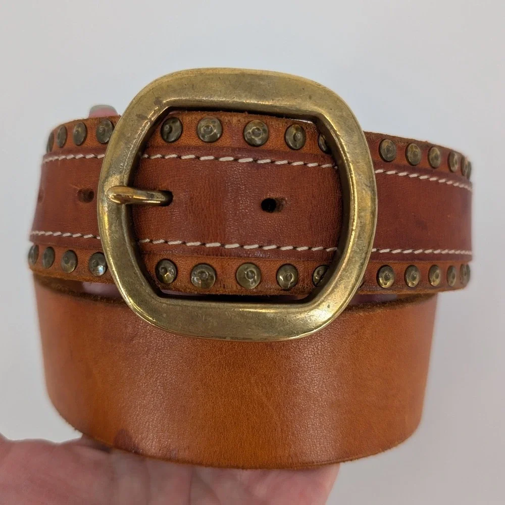 Lucky Brand Studded Leather Belt Womens 32 Brown Western Brass Buckle Boho Indie